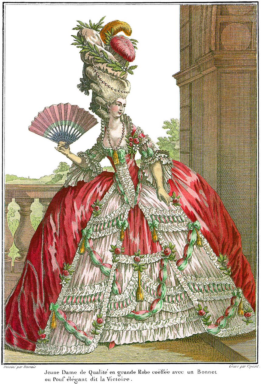 Francouzské dvorní šaty se širokými brašnami, 1778 od Claude Louis Desrais