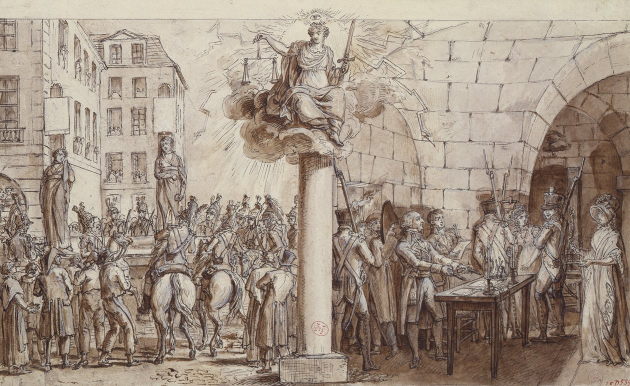 Vdova Morin a její dcera Angelique Delaporte v Conciergerie a potrestány spoutáním na veřejnosti za zločin vydírání s násilím podpisů, 1812 (pero, inkoust a mytí na papíře od Claude Louis Desrais