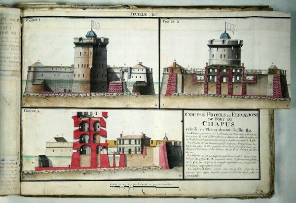 Atlas 131 F fol.85 Příčný řez a pohledy na pevnost Chapus, z Traite de Fortifications, kolem roku 1720 od Claude Masse