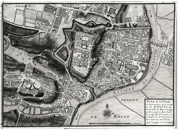 Atlas 131 F fol.8 Mapa Saintes, hlavního města Saintonge, z Recueil des Plans de Saintonge, 1716 (pero a inkoust a wc na papíře) od Claude Masse