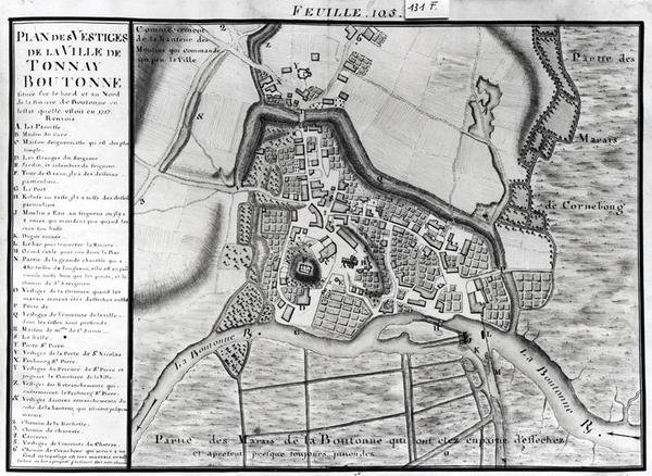 Fol.105 Mapa města Tonnay-Boutonne, z Recueil des Plans de Saintonge (pero a inkoust a wc na papíře) od Claude Masse