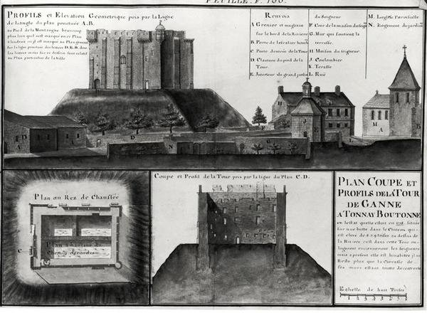Fol.106 Kresba průřezu a profilu Tour de Ganne v Tonnay Boutonne, z Recueil des Plans de Saintonge (pero, inkoust a wc na papíře) od Claude Masse