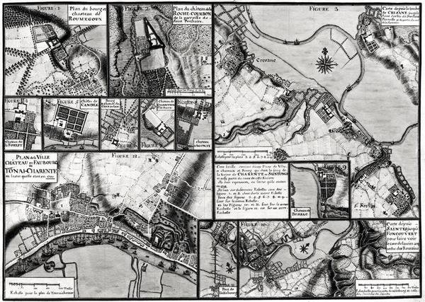 Fol.7 & 98 Mapa měst a zámků ležících podél řeky Charente v roce 1714, z Recueil des Plans de Saintonge (pero, inkoust a wc na papíře) od Claude Masse