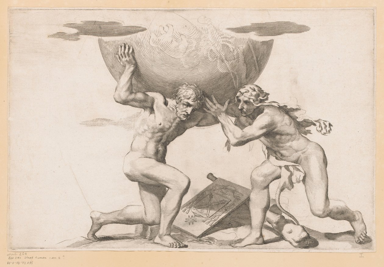 Atlas dává nebeskou sféru Herkulovi od Claude Mellan (possibly)