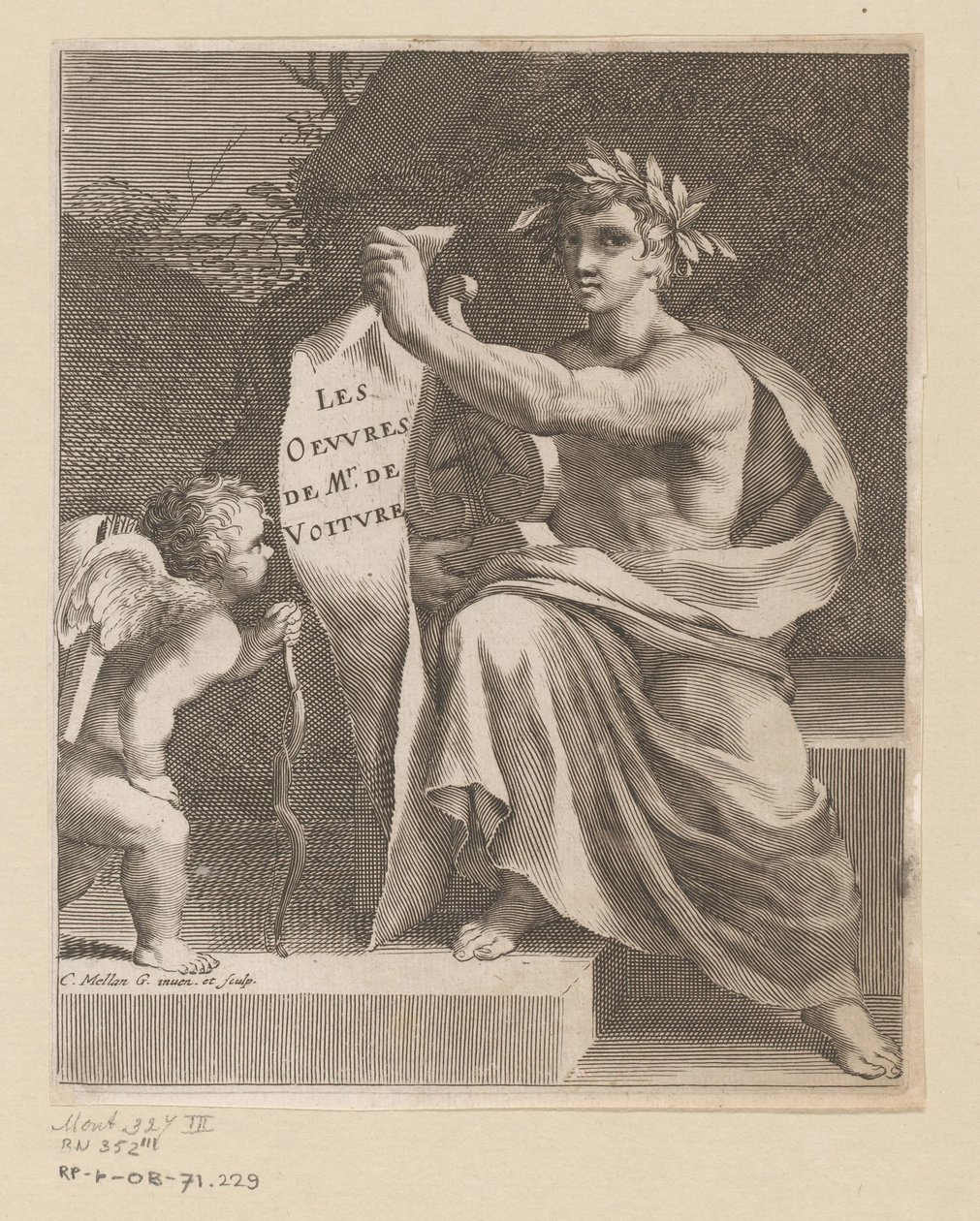 Apollo en een amor The Works of Mr. de Voiture (název na objektu) Název stránky: Vincent de Voiture, Díla Vincenta de Voiture, 1650 od Claude Mellan