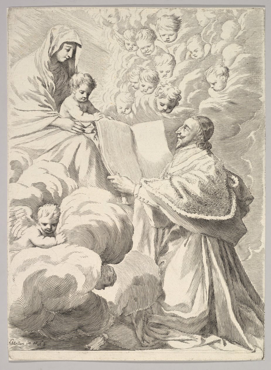 Kardinál Richelieu, klečící, představuje svou knihu panně a dítěti, ca. 1646. od Claude Mellan