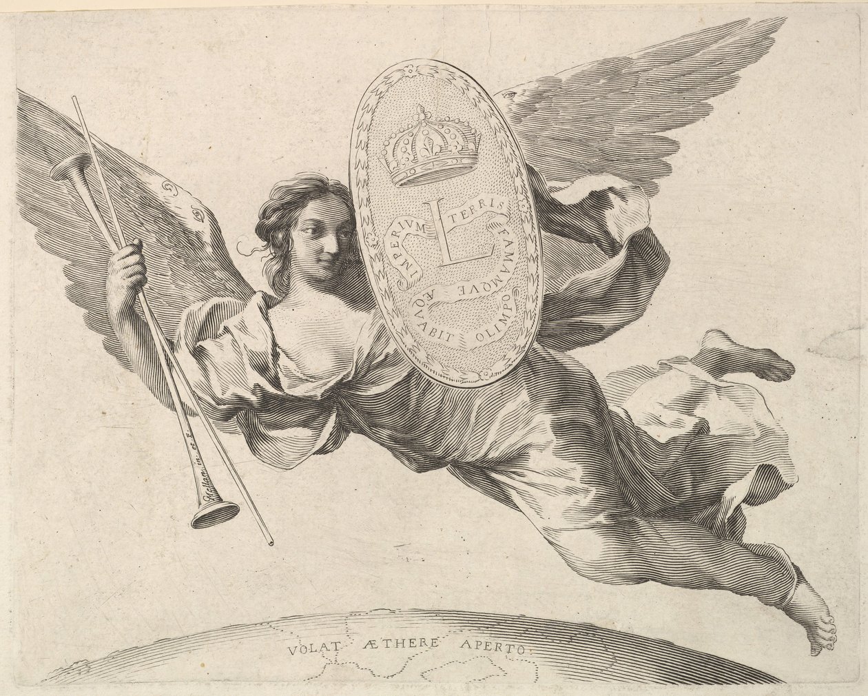 Fame Bearing a Shield s iniciálou Ludvíka XIV. La Renommée volant. od Claude Mellan