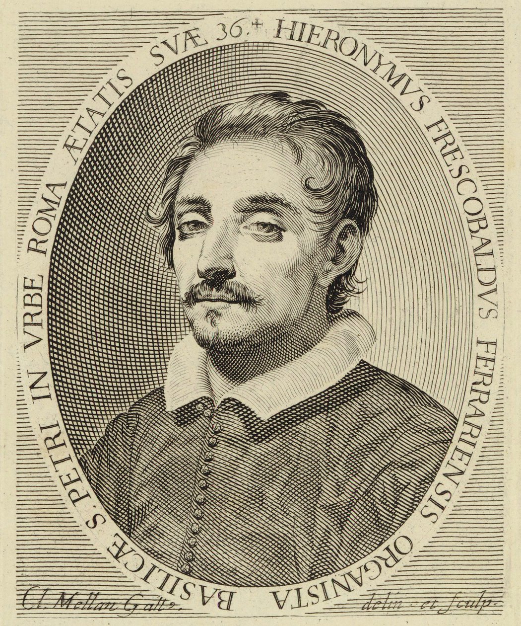 Girolamo Frescobaldi (1583-1643), rytina Clauda Mellana (1619). od Claude Mellan