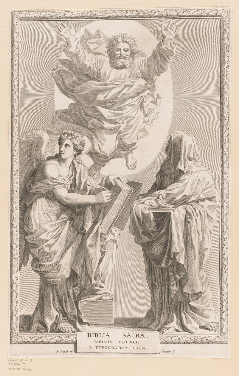 Bůh se ztělesněním historie a proroctví Titulní strana pro: Biblia Sacra, 1642 od Claude Mellan