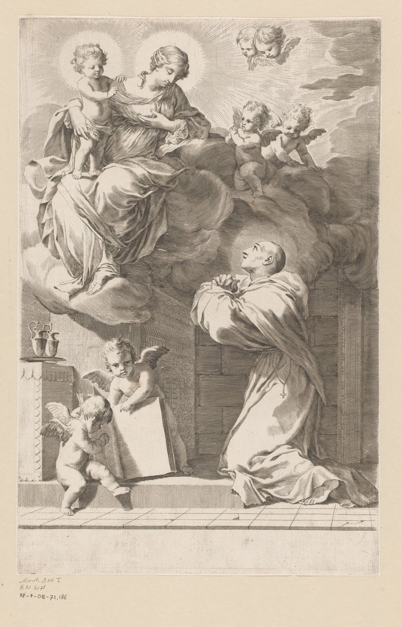 H. Bernard klečící před zjevením Panny Marie s dítětem Titulní strana pro: Saint Bernardus, Divi Bernardi Abbatis (...), 1640 od Claude Mellan