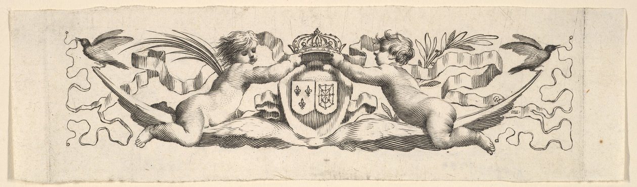 Čelenka: Two Infants with Arms of France and Navarre. od Claude Mellan