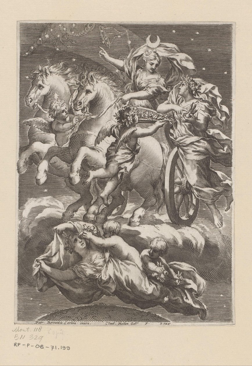 Personifikace Měsíce na jejím voze Titulní strana pro: Giovanni Battista Ferrari, De Florum cultura libri IV, 1633 od Claude Mellan