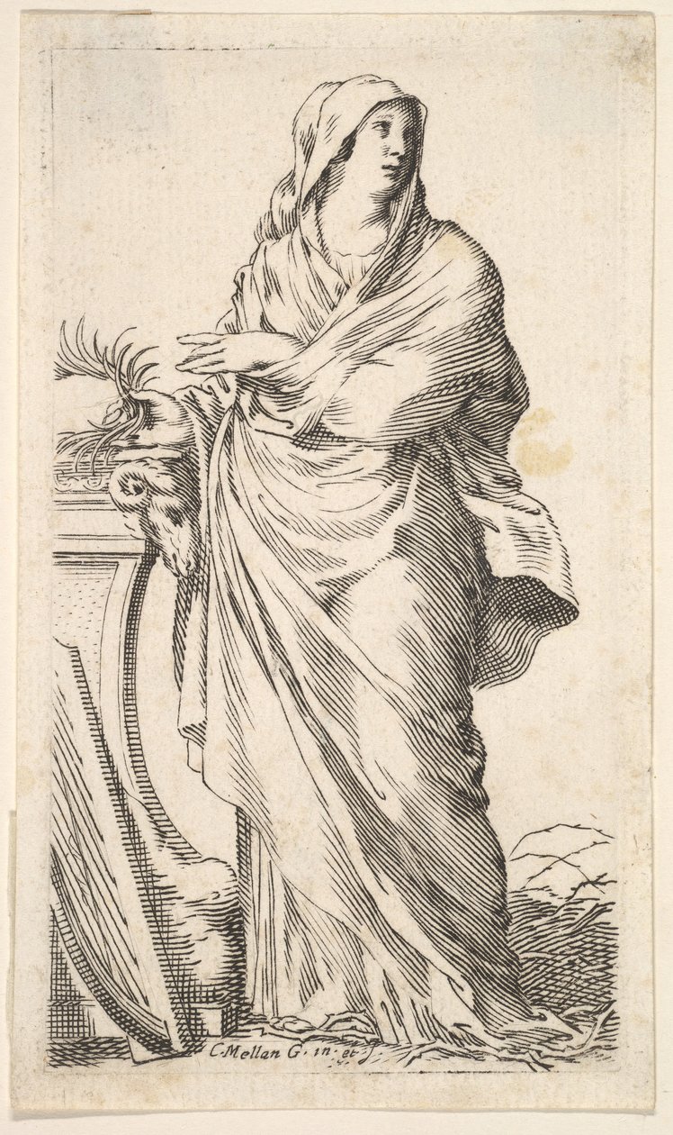 Žena v róbě stojící vedle soklu, její pravá ruka nese palmovou ratolest, harfu r..., ca. 1620-88. od Claude Mellan