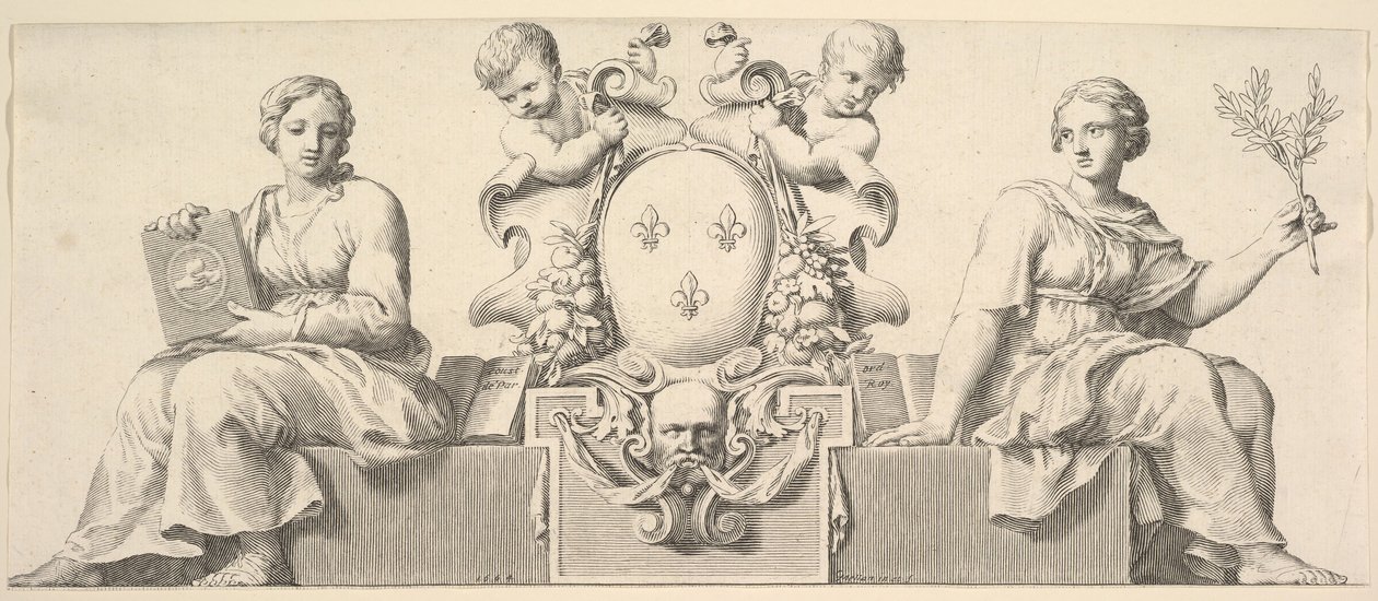 Zbraně Francie doprovázené personifikacemi práva a dobré víry, 1664. od Claude Mellan