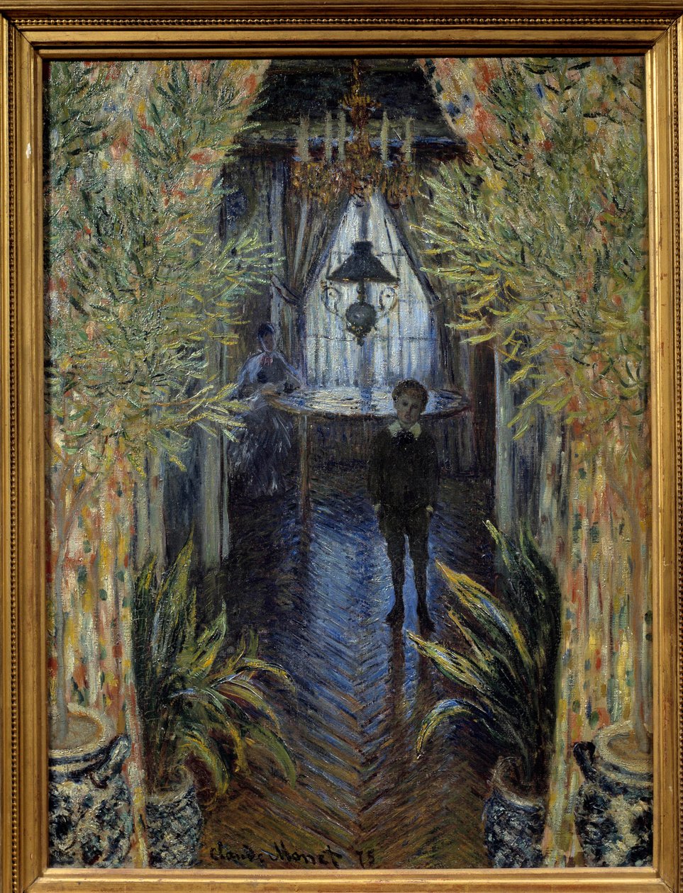 Roh bytu Pohled do interiéru se synem (Jeanem) a manželkou (Camille Doncieux) umělce bytu v Argenteuil. Obraz Clauda Moneta (1840-1826). 1875 ne. 0,8x0,6 m Paříž, Musee d