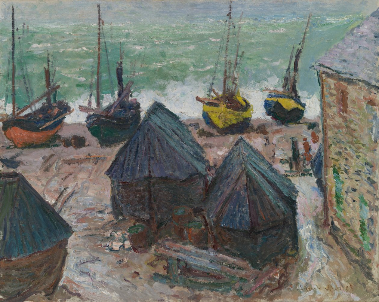 Lodě na pláži v Étretat od Claude Monet