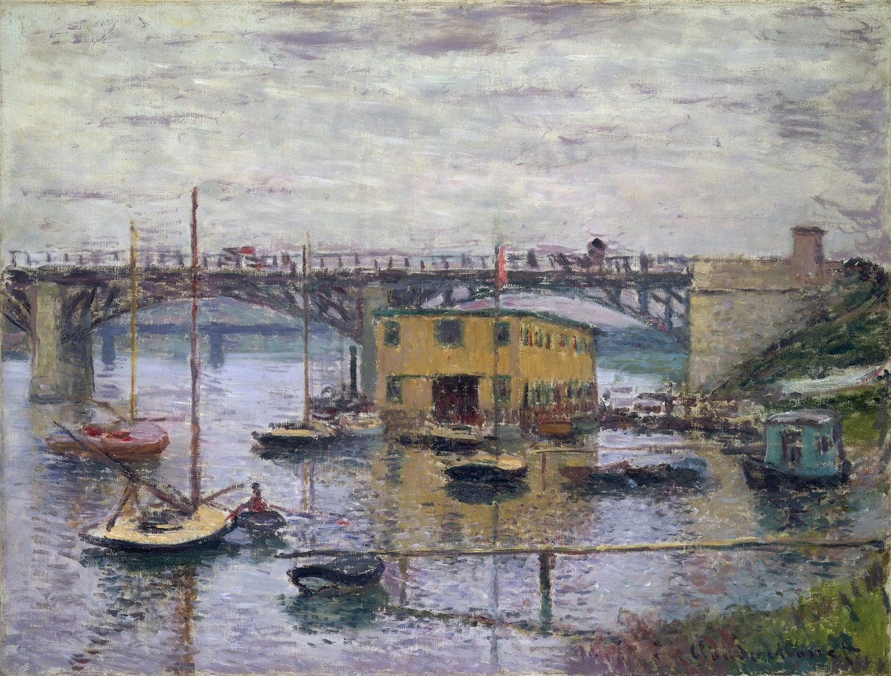 Most v Argenteuil za šedého dne, kolem roku 1876 (olej na plátně) od Claude Monet
