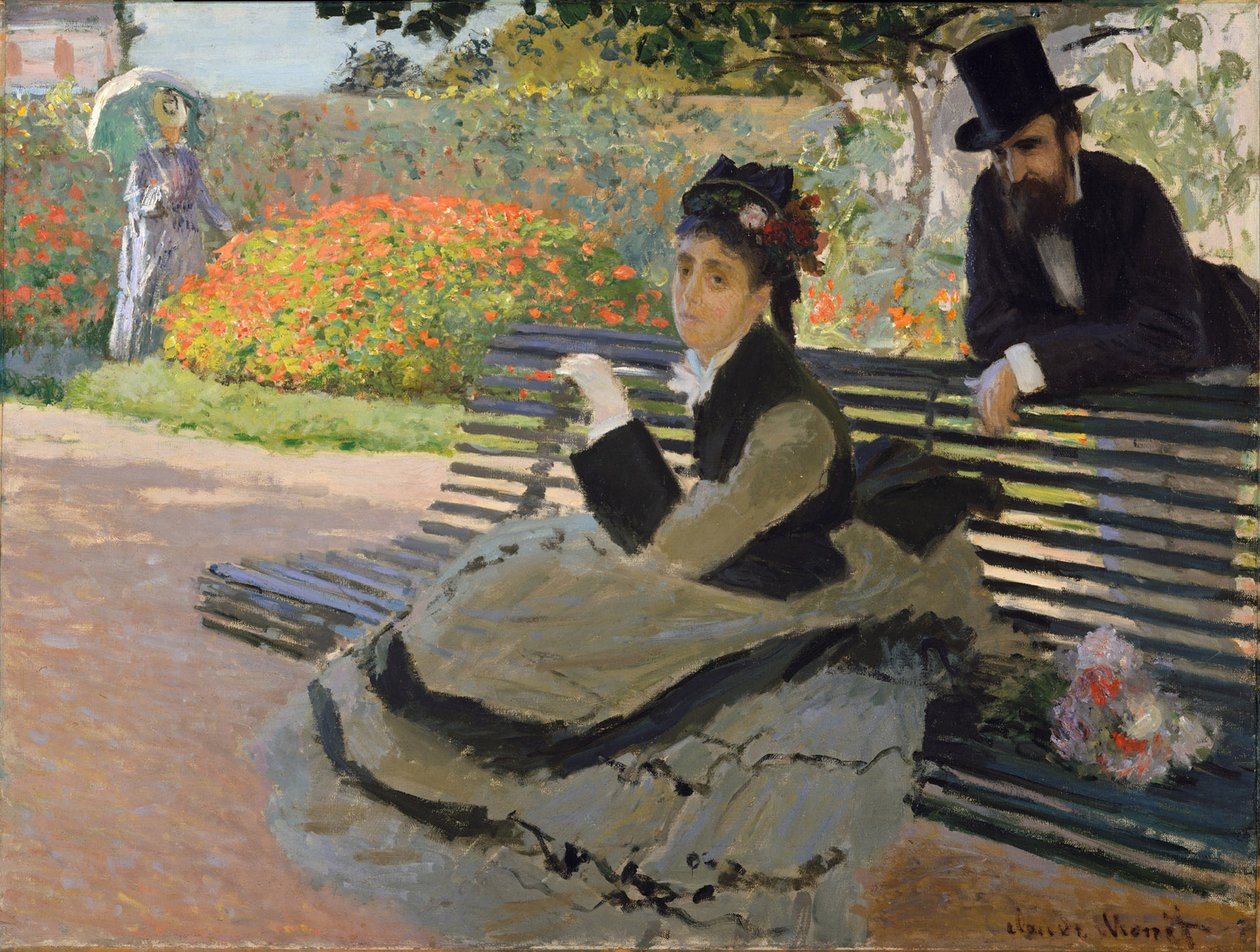 Camille Monet na zahradní lavičce od Claude Monet