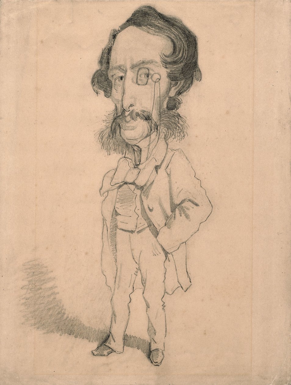 Mario Uchardin karikatyyri, n. 1858 (grafiittia, jossa on pyyhkäisyä ja tummumista ruskean kudospaperin päällä) od Claude Monet