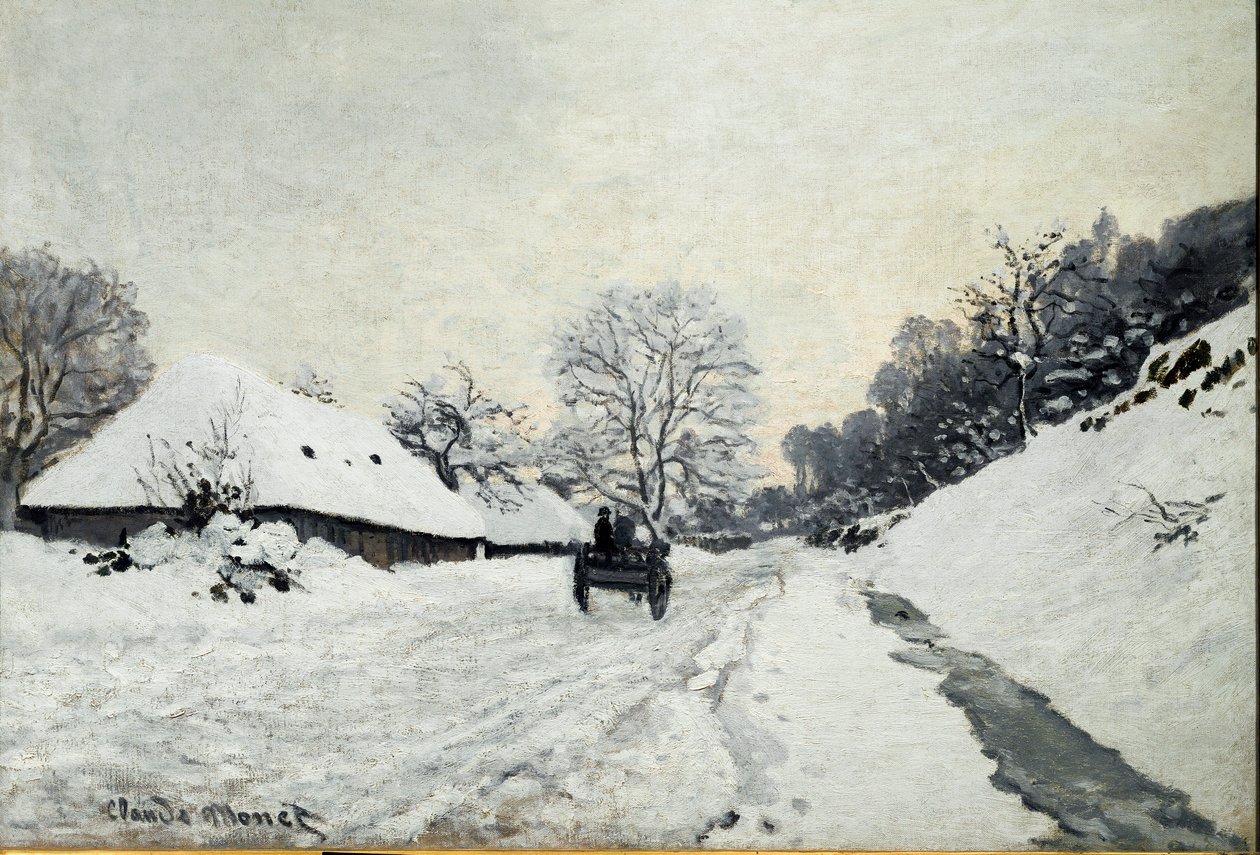 Vozík, cesta pod sněhem v Honfleuru (olej na plátně od Claude Monet