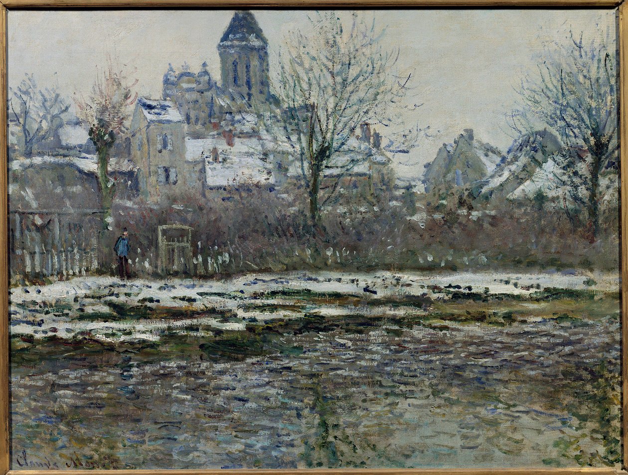 Efekt sněhu ve Vetheuil nebo „Eglise de Vetheuil, neige“ Obraz od Clauda Moneta (1840-1926) 1878/79. Ztlumit. 0,53 x 0,71 m. Paříž, Musee d
