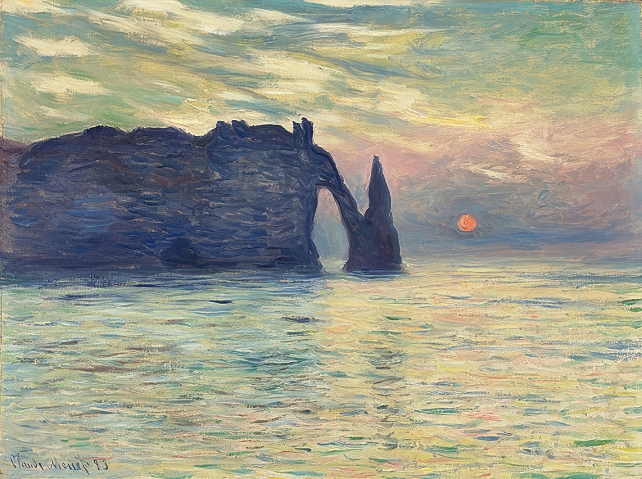 Skály, Étretat, západ slunce. 1882-83 od Claude Monet