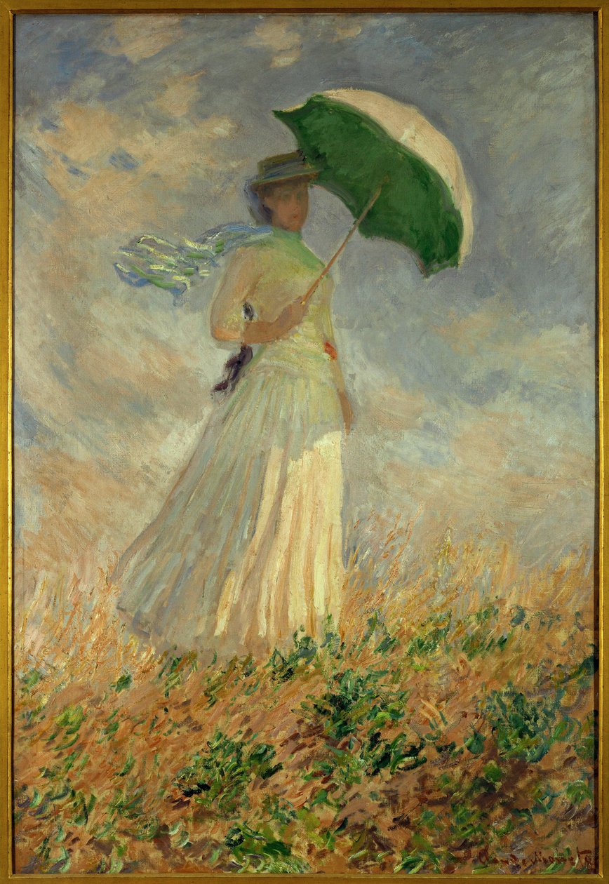 Žena s deštníkem otáčející se doprava ... (olej na plátně) od Claude Monet