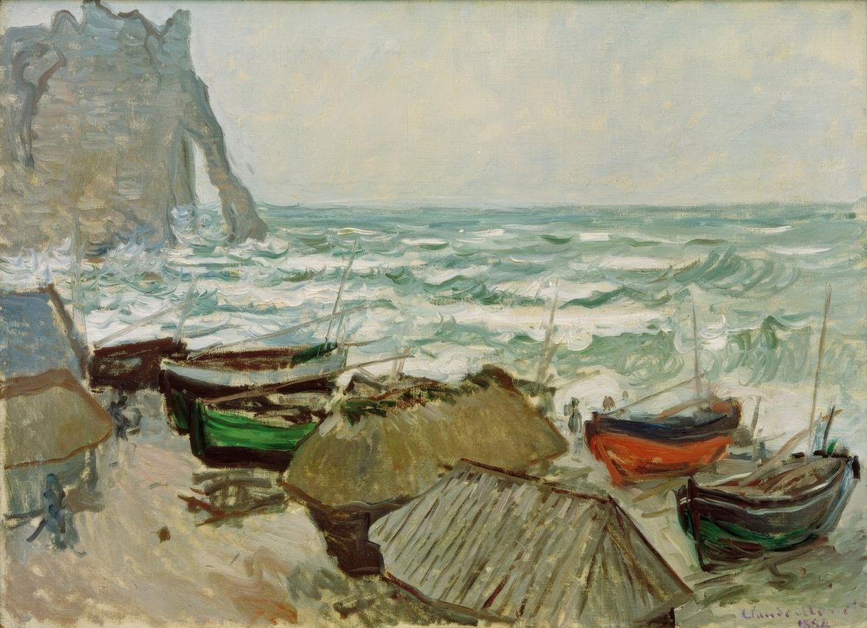 Rybářské lodě na pláži v Etretat od Claude Monet