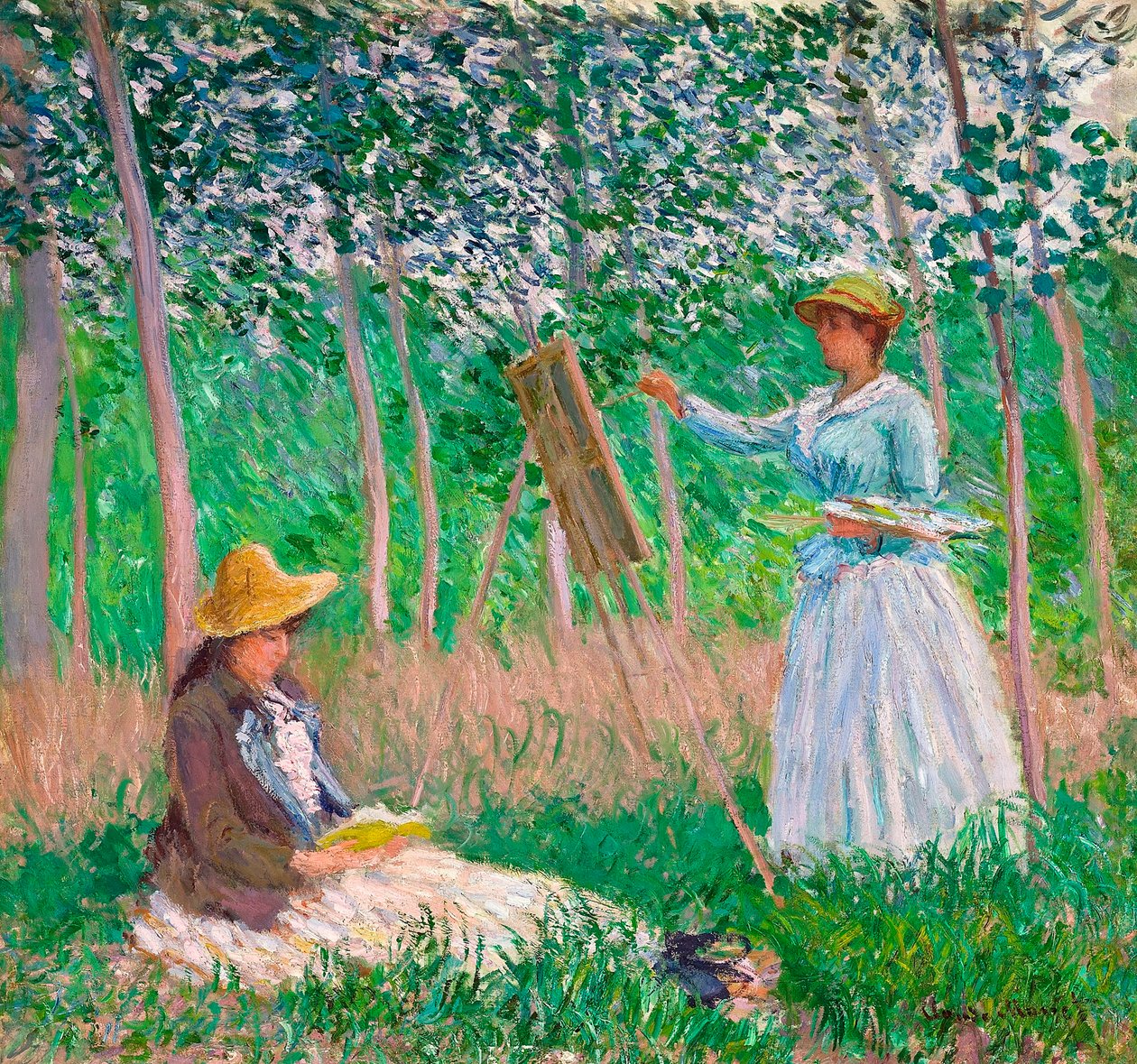 V lese v Giverny: Blanche Hoschedé u jejího stojanu se Suzanne Hoschedé Reading, 1887 od Claude Monet