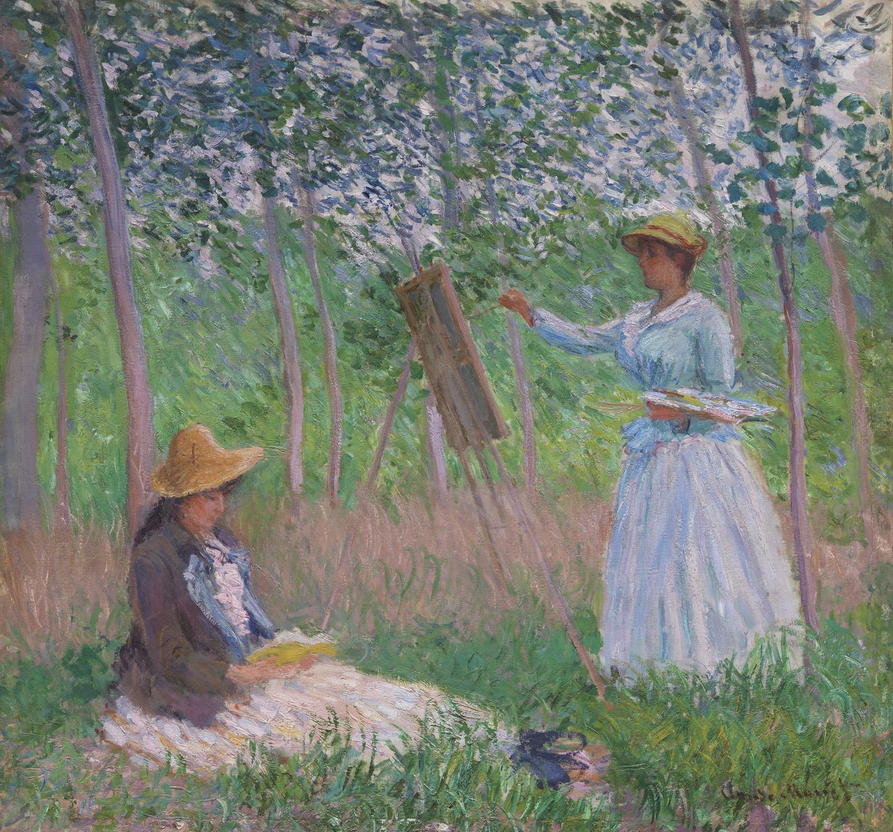 V lesích u Giverny: Blanche Hoschedé u svého malířského stojanu a Suzanne Hoschedé, která si čte od Claude Monet