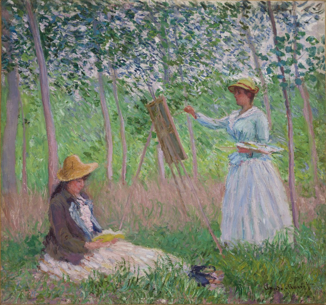 V lese v Giverny: Blanche Hoschedeová u stojanu a Suzanne Hoschedeová při čtení, 1887 od Claude Monet
