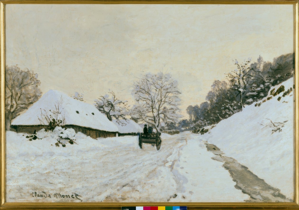 Vozík. Zasněžená silnice v Honfleuru od Claude Monet