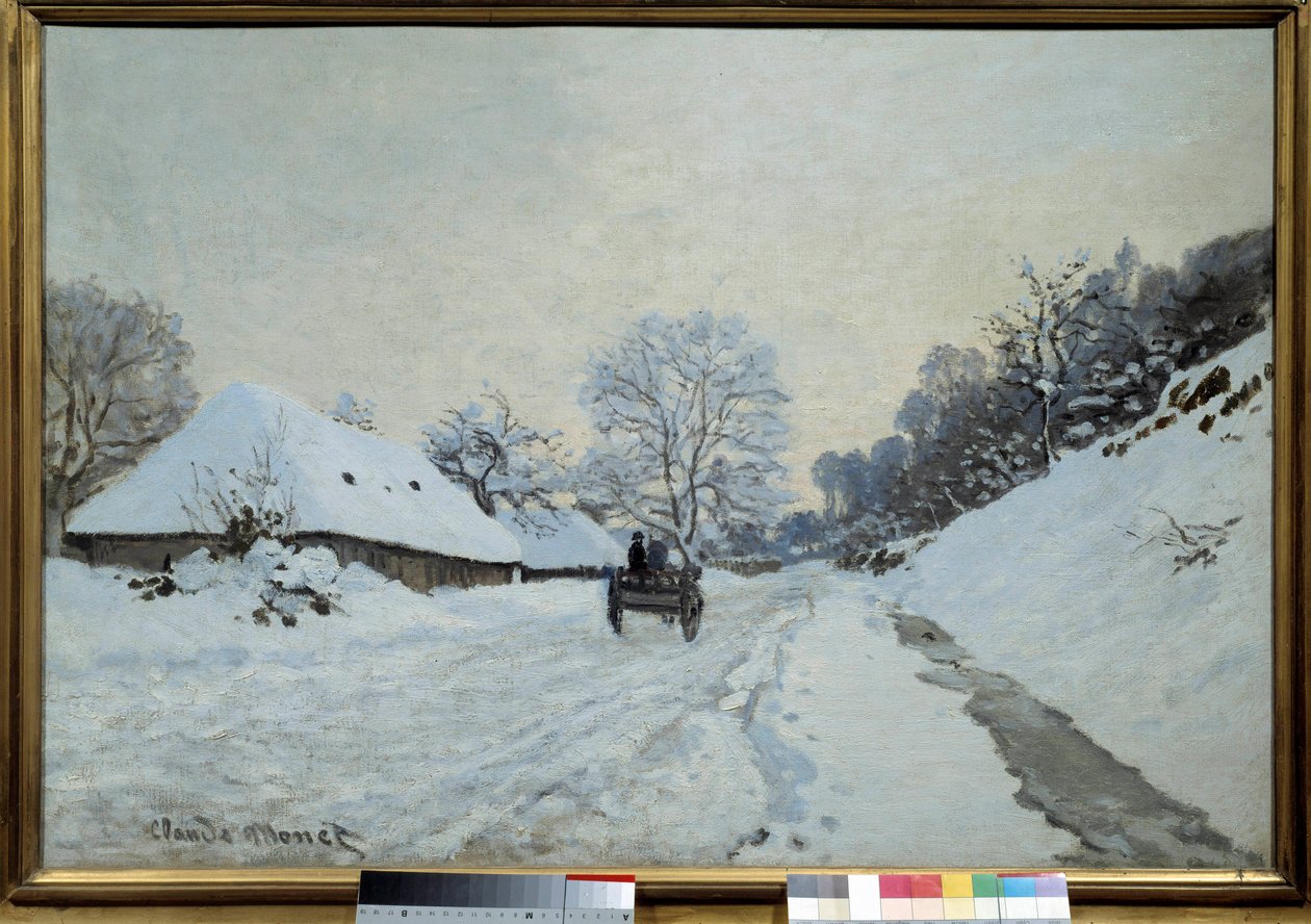 Vozík, cesta pod sněhem v Honfleuru v roce 1867 Obraz Clauda Moneta (1840-1926). 1867. Rozměr 0,65x0,92m. Paříž, Musee d