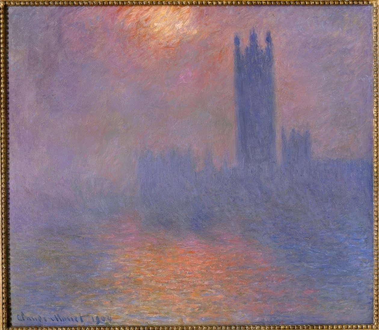 Londýn, parlament, díra ve slunci v mlze od Claude Monet