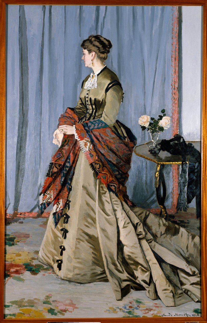 Portrét na nohou Madame Louis Joachim Gaudibert (1846-1877) v roce 1868 (2,17 x 1,38 cm). Olej na plátně Claude Monet (1840-1926). Musee d