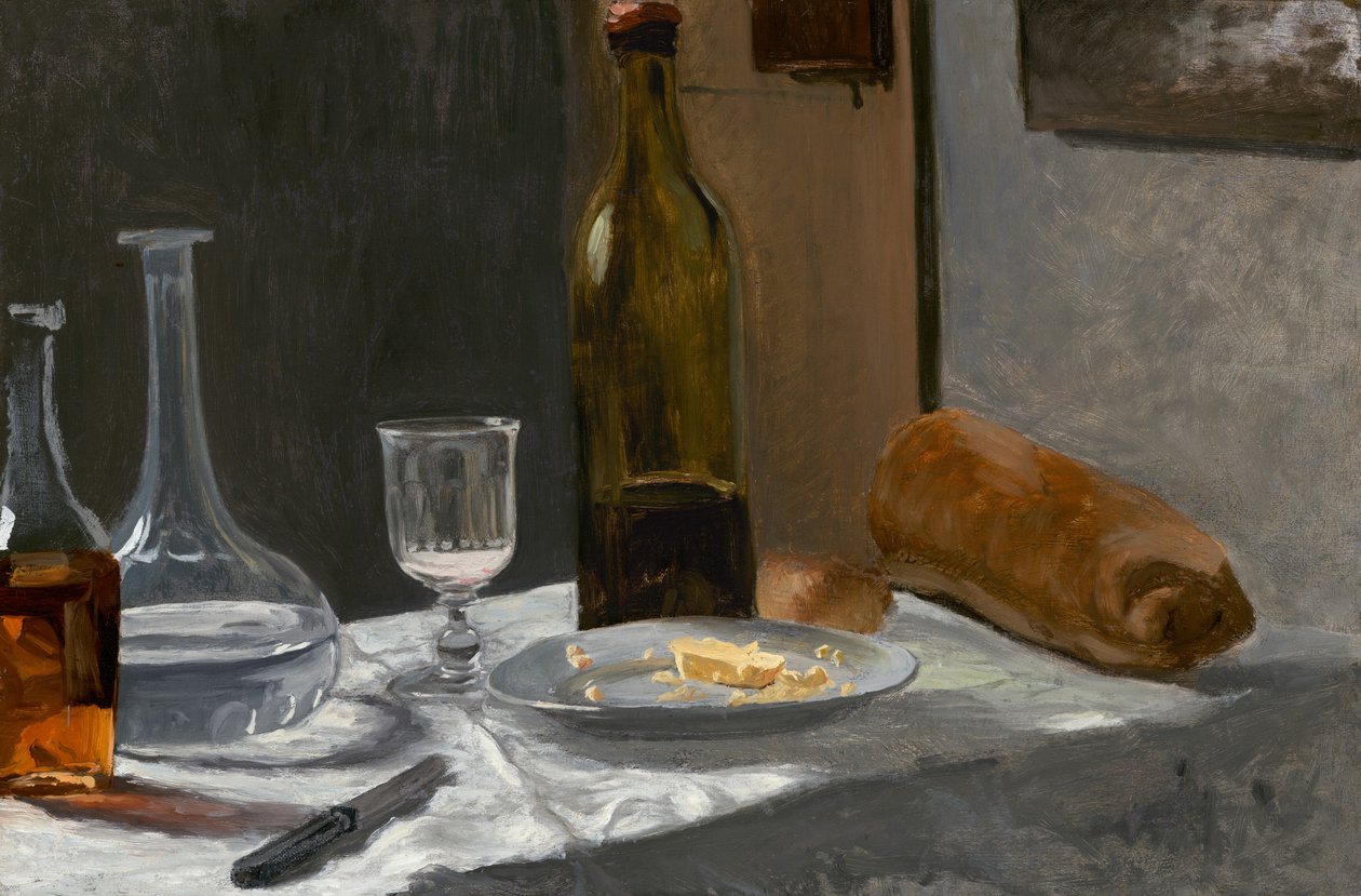 Zátiší s lahví, karafou, chlebem a vínem, c. 18621863. od Claude Monet