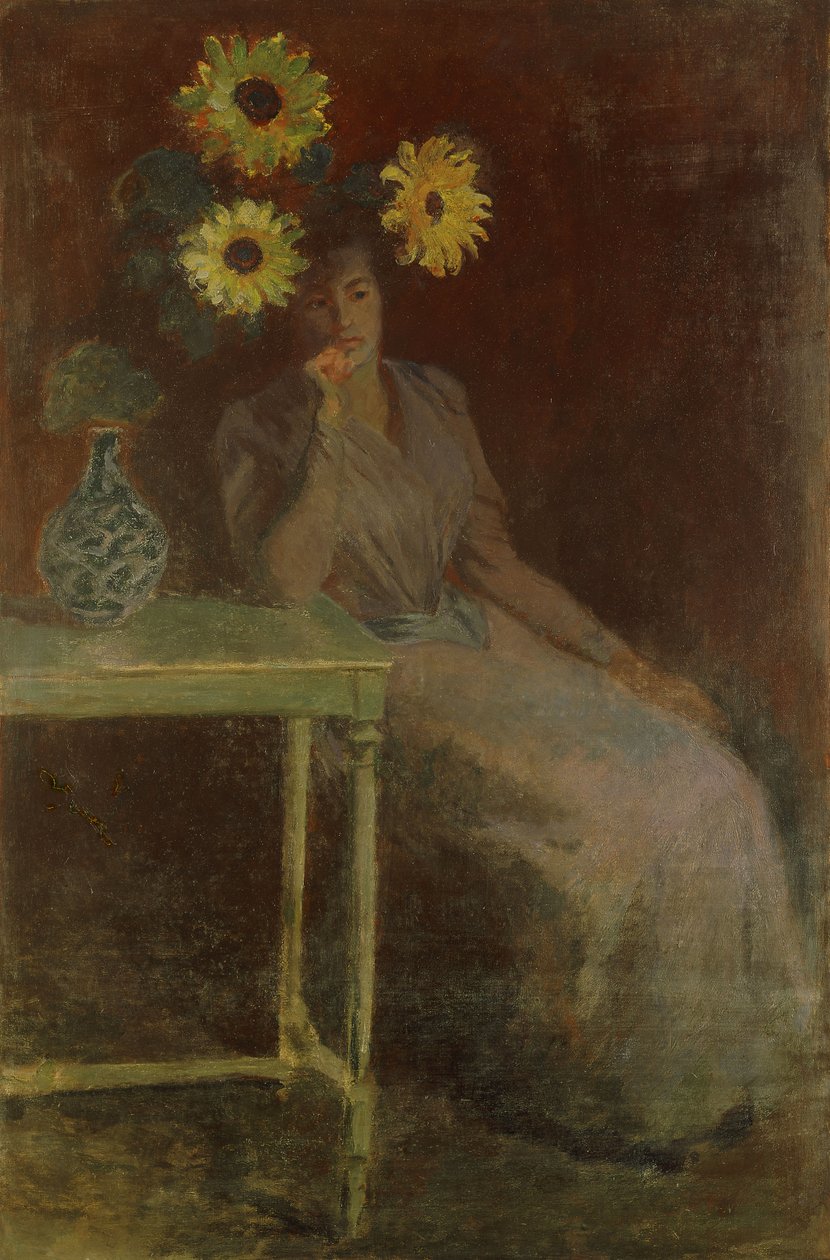 Suzanne se slunečnicemi; Suzanne aux Soleils, kolem roku 1889 od Claude Monet