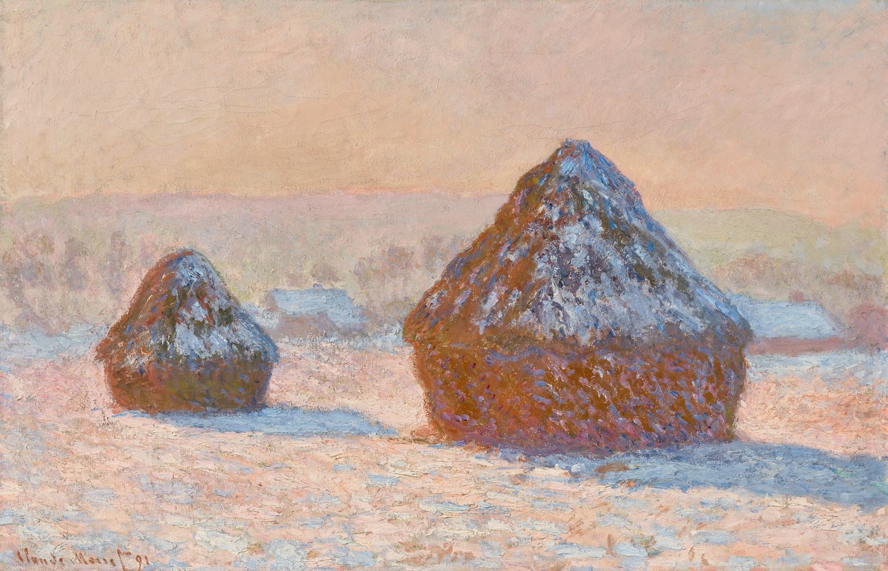 Hromádky pšenice, Sněhový efekt, Ráno (Meules, Effet de Neige, Le Matin) od Claude Monet