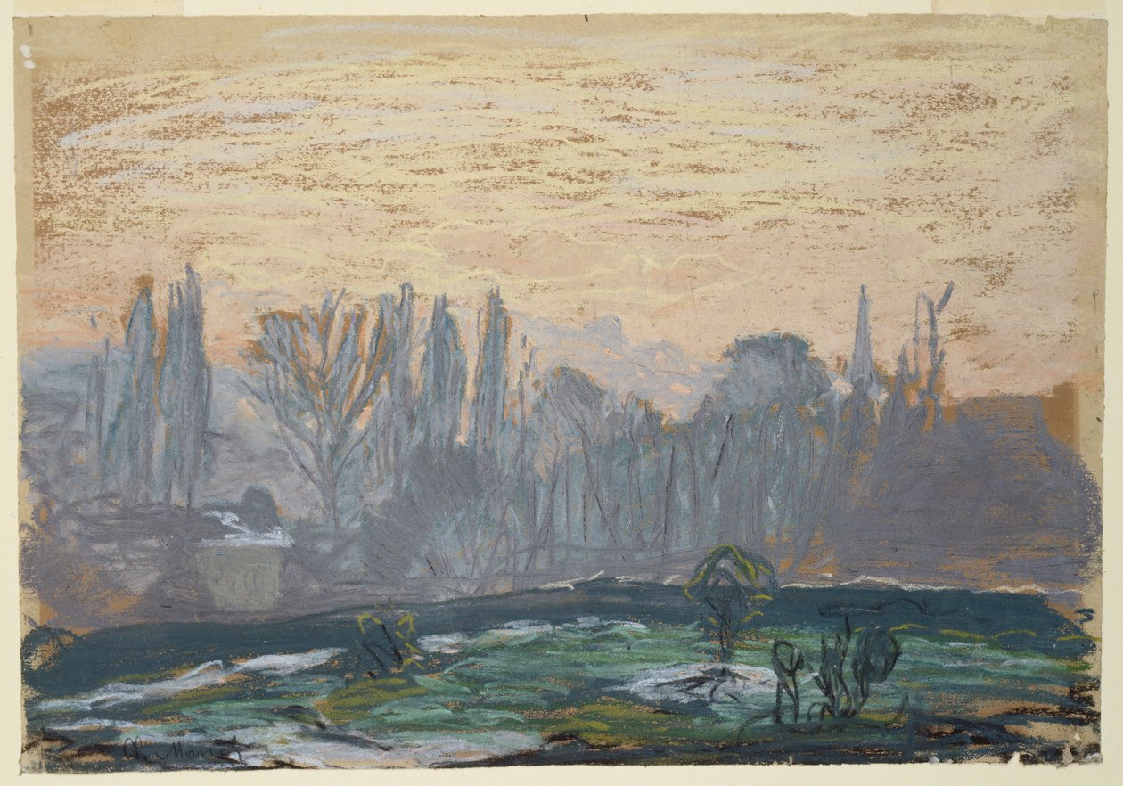 Zimní krajina s večerní oblohou, asi 1870-80 (pastel křídou na papíře) od Claude Monet