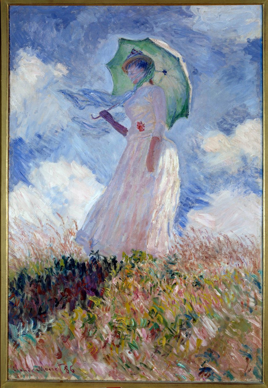 Žena se slunečníkem se otočila doleva od Claude Monet