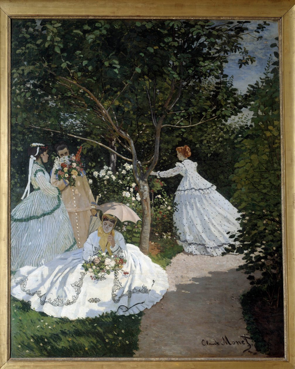 Ženy v zahradě město Avray Skupina mladých žen v květinové zahradě. Obraz Clauda Moneta (1840-1926). 1867. Rozm. 2,55 x 2,05 m. Paříž, Musee d