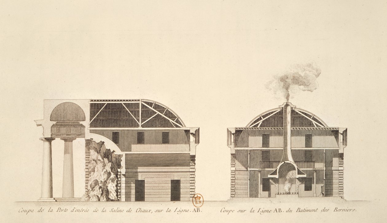 Průřez vchodem do solných závodů v ideálním městě Chaux, kolem roku 1801 od Claude Nicolas Ledoux