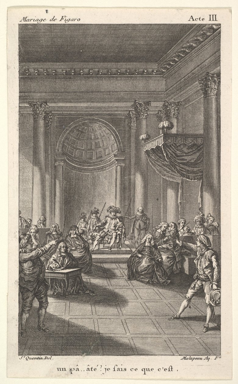Muž sedící v křesle na stupňovité plošině drží obecenstvo, dva ukazující muži stojí..., ca. 1784. od Claude Nicolas Malapeau