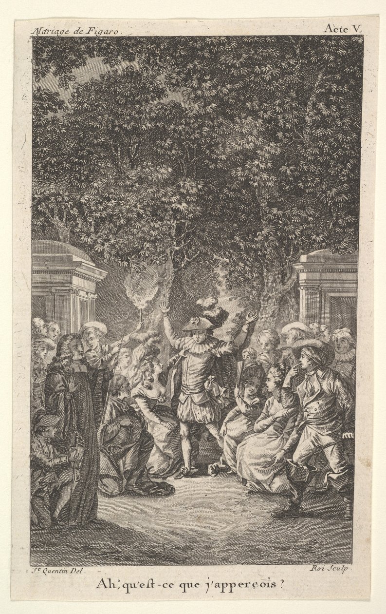 Mladý chlapec drží pochodeň pod stromy v zahradě, uprostřed muž zvedne obě paže, s..., ca. 1784. od Claude Nicolas Malapeau