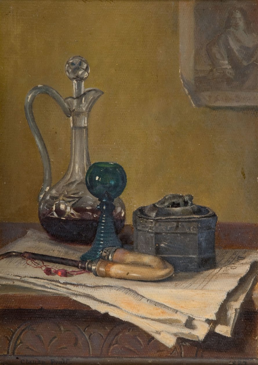 Zátiší z novin, dýmky, karafy a sklenice, 1887. od Claude Pratt