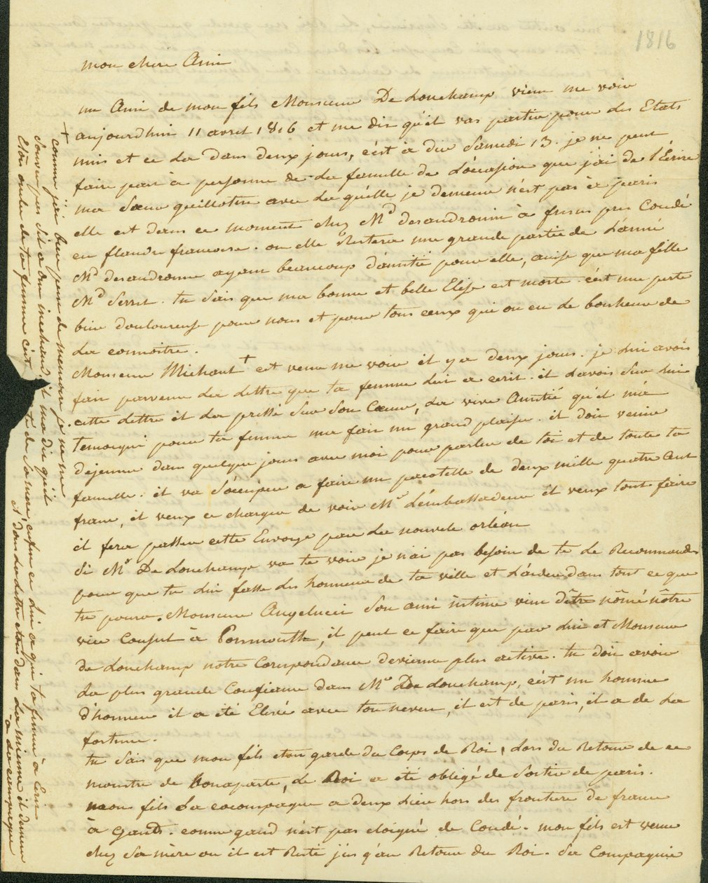 Dopis Antoinu Saugrainovi od jeho bratra, 1816 od Claude Saugrain