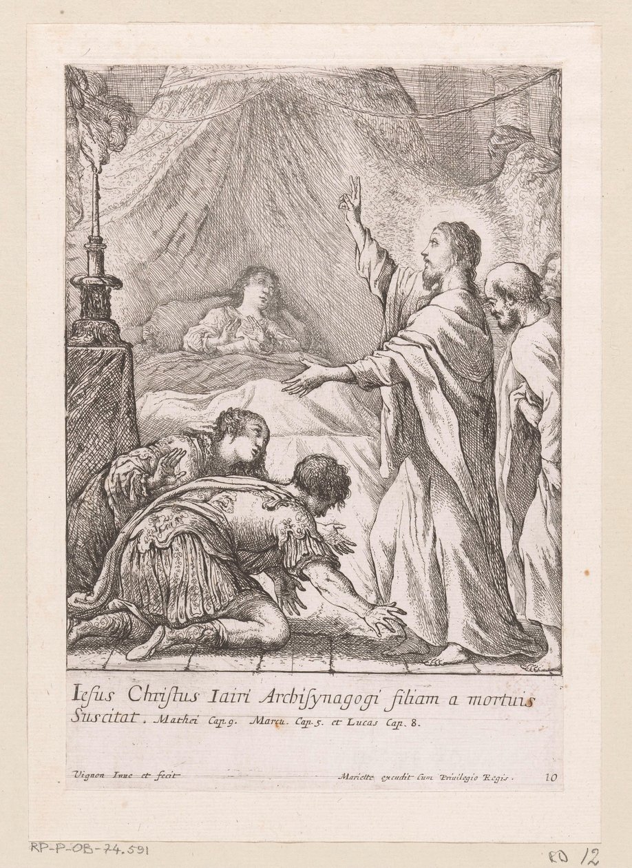 Kristus vychovává Jairovu dceru Miracula Domini Nostri Jesu Christi (název série) Zázraky Krista (název série) od Claude Vignon
