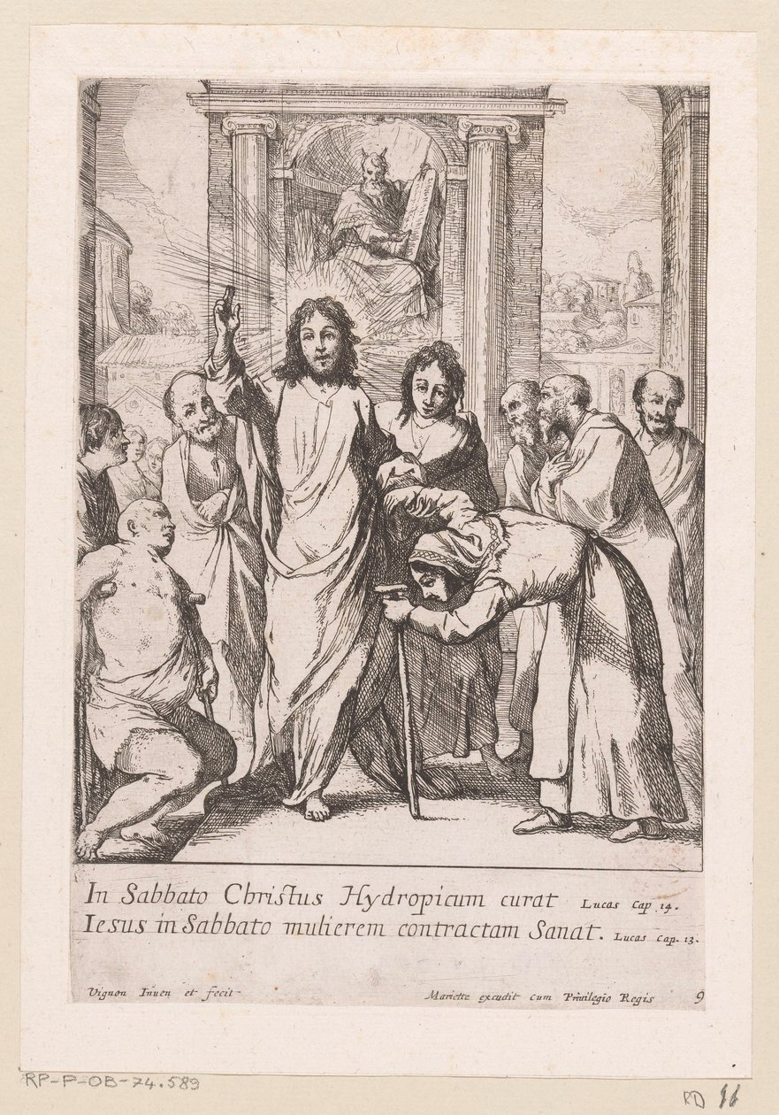 Uzdravení chromého muže a křivé ženy v sobotu Miracula Domini Nostri Jesu Christi (název série) Zázraky Krista (název série) od Claude Vignon