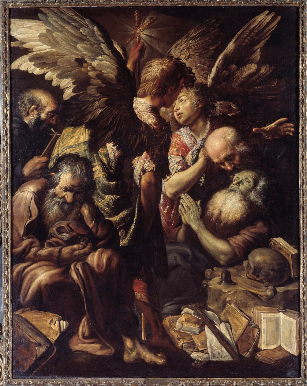 Smrt svatého Antonína (Svatý Antonín Veliký, 250/51-356) (nebo Svatý Antonín Poustevník nebo Svatý Antonín Abbé). Obraz (Vanite) od Clauda Vignona (1593-1670) od Claude Vignon