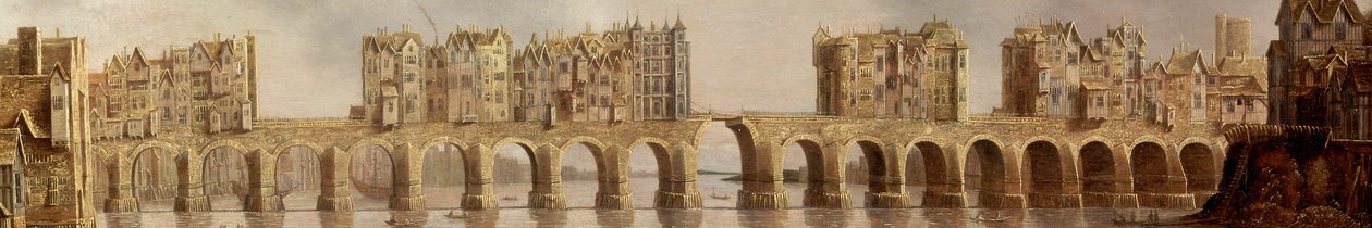 Detail starého londýnského mostu na olejomalbě z roku 1632 Pohled na londýnský most od Claude de Jongh